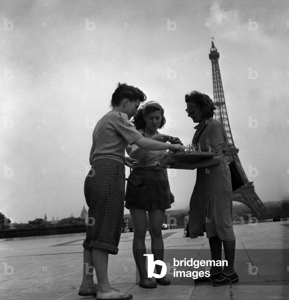 Dutch Tourists Visiting Paris, July 1947 (Here at Trocadero, Eiffel Tower) (b/w photo)