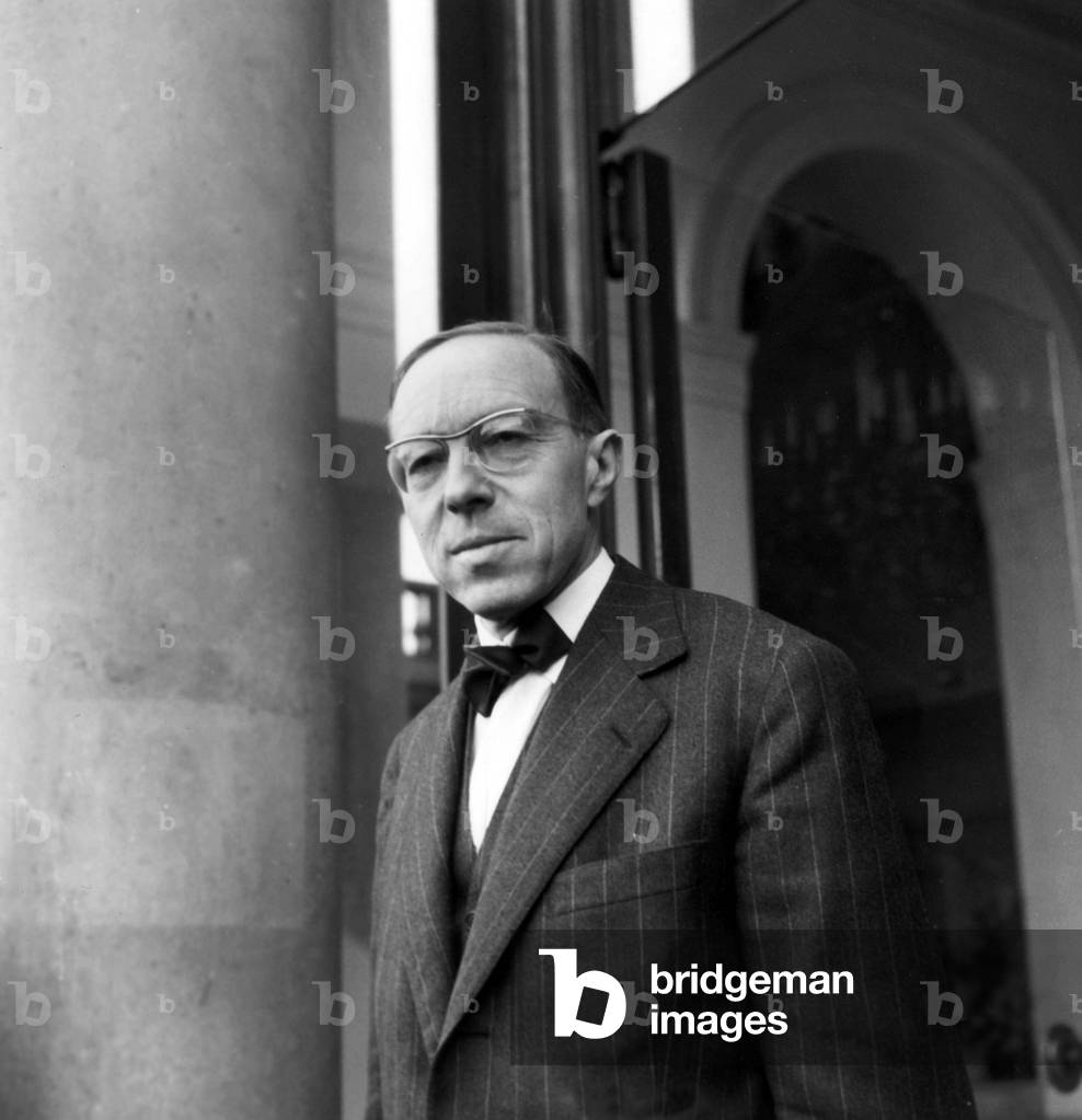 Jean Marcel Jeanneney, French Minister of Industry and Trade, Leaving Elysee Palace January 10, 1959 (b/w photo)