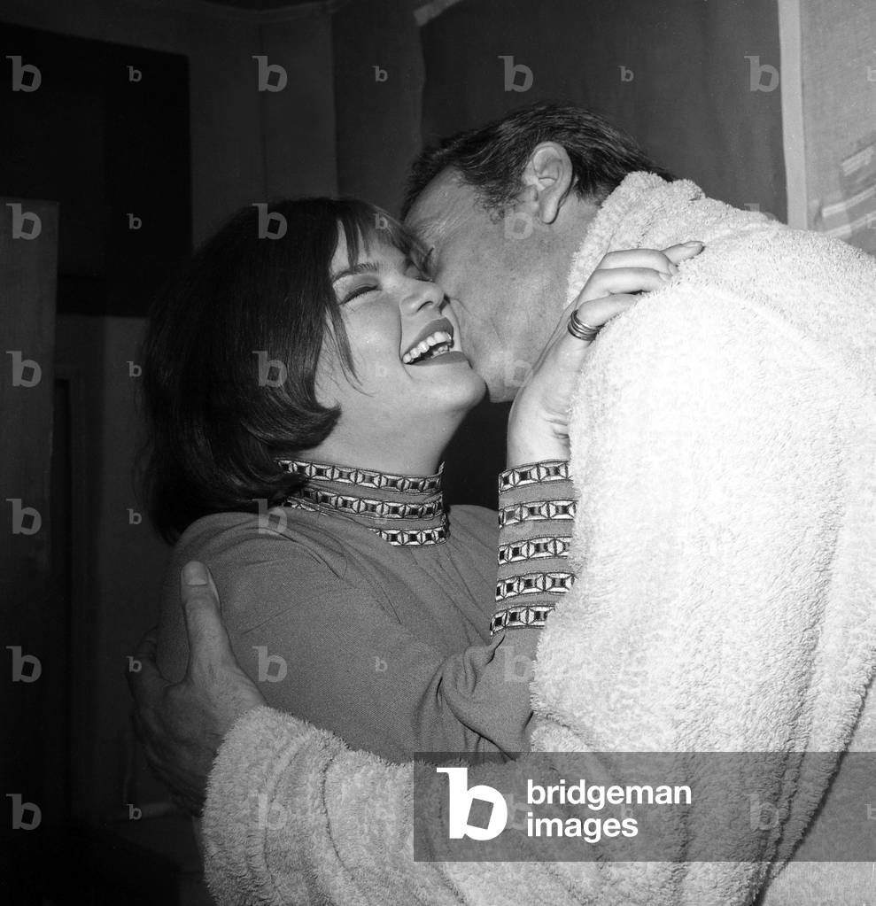 Catherine Allegret (Simonesignoret'S Daughter) Congratulating her Step-Father Yves Montand After Concert at Olympia September 20, 1968 (b/w photo)