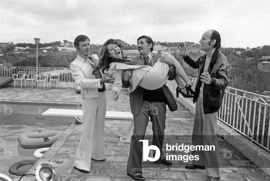Louis Velle, Roger Hanin With Juliette Mills in his Arms, Director Jean Girault on Set of Film 
