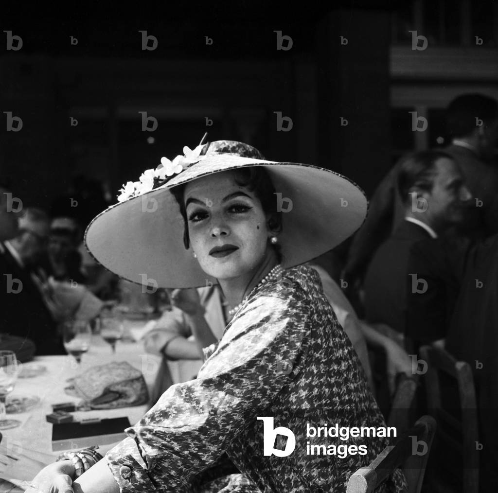 Maria Felix at Horse Race in Chantilly, France, June 15, 1958 (b/w photo)