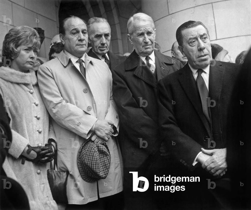 Funeral of Henri Varna, April 5, 1969 in Paris : Mick Micheyl, Tino Ross, Felix Paquet, Maurice Chevalier and Fernandel (b/w photo)