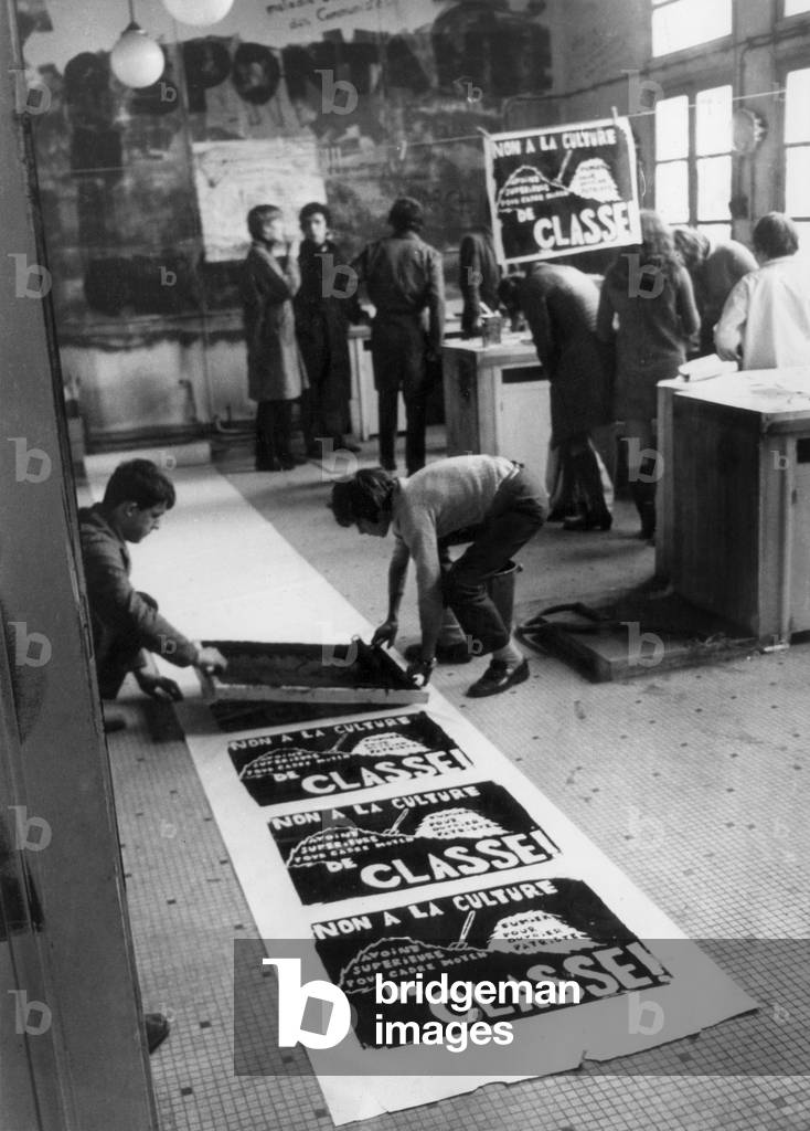 Strike at Balzac Highschool in Paris on November 13, 1968 : Preparation of Posters (b/w photo)