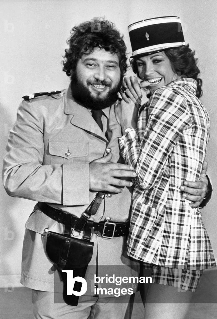 French Singer Carlos and Actress Chantal Nobel on Set of Film La Grande Mafia 1971 (b/w photo)