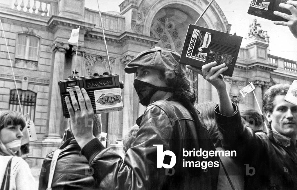 Demonstration To Protest Against The Jamming of Independant Local Radio Stations in Front of Elysee Palace during Ministers Council June 17, 1981, Paris (b/w photo)