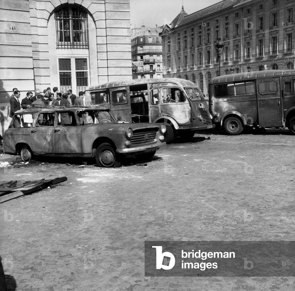 June 11, 1968 : Police Vehicles Burnt After Demonstration in Paris Because of Death of Gilles Tautin, Drowned in The Seine River in Flins on June 10, 1968 Pushed By Members of Riot Squad (b/w photo)