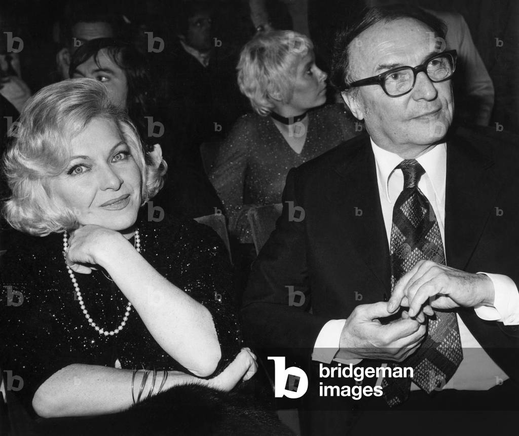 French Singer Line Renaud With her Husband Loulou Gaste at Premiere of Sergelama at The Olympia in Paris on February 6, 1974 (b/w photo)