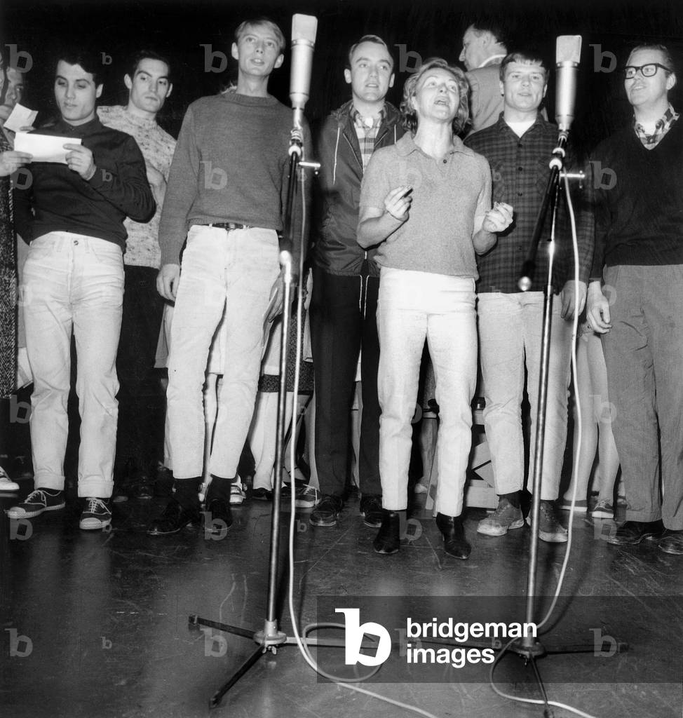 Singer Line Renaud and Choir during Rehearsal of Revue Desires in Parisian Cabaret March 2, 1966 (b/w photo)