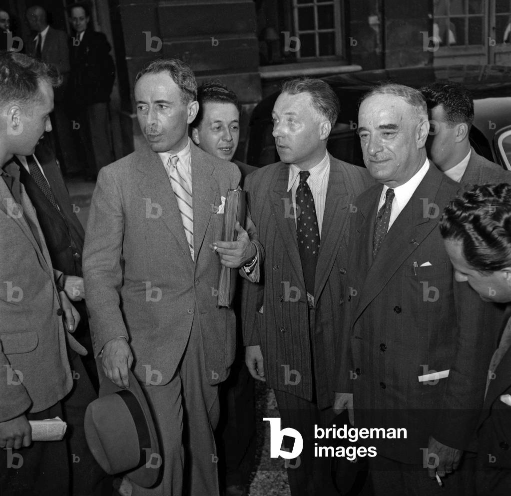 French politicians Antoine Pinay, Robert  Betolaud and Jean Moreau, Paris, July 28, 1949 (b/w photo)