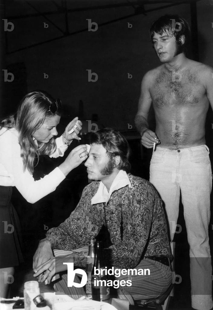 Make-Up Session For Johnny Hallyday Under Look of President Rosko (Presneter) on Set of Film 