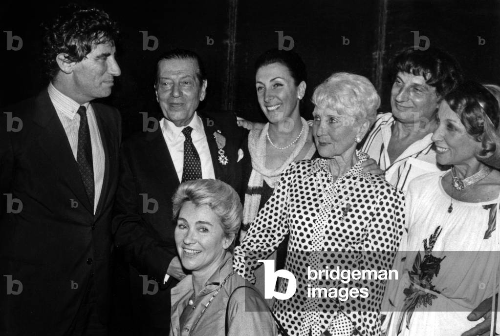 Culture Minister of France Jack Lang With Serge Lifar (1904 - 1986) With his National Order of The Legion of Honour, Congratulated By The Prima Ballerinas of The Opera: Claude Bessy, Claire Motte, Lycette Darsonval, Michel Renaud and Janine Charrat, June 23, 1983 (b/w photo)