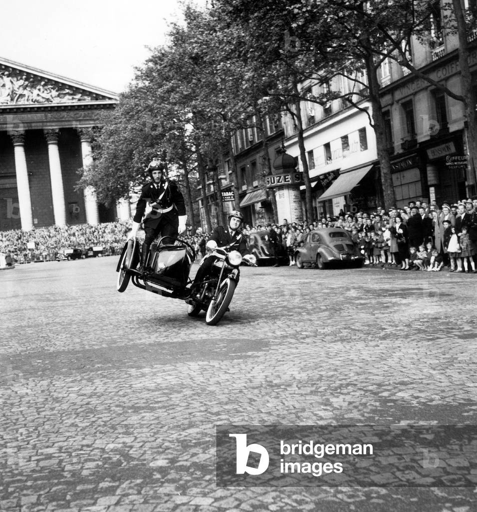 Motorcyclists in The Gendarmerie Doing Acrobatics during Paris Festival May 21, 1955 (b/w photo)