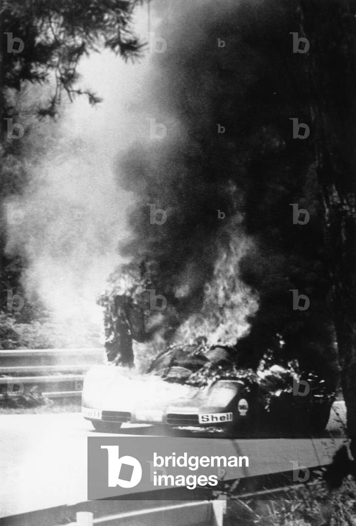 The Ferrari 512 Burning on Set of Film Le Mans August 20, 1970 (b/w photo)