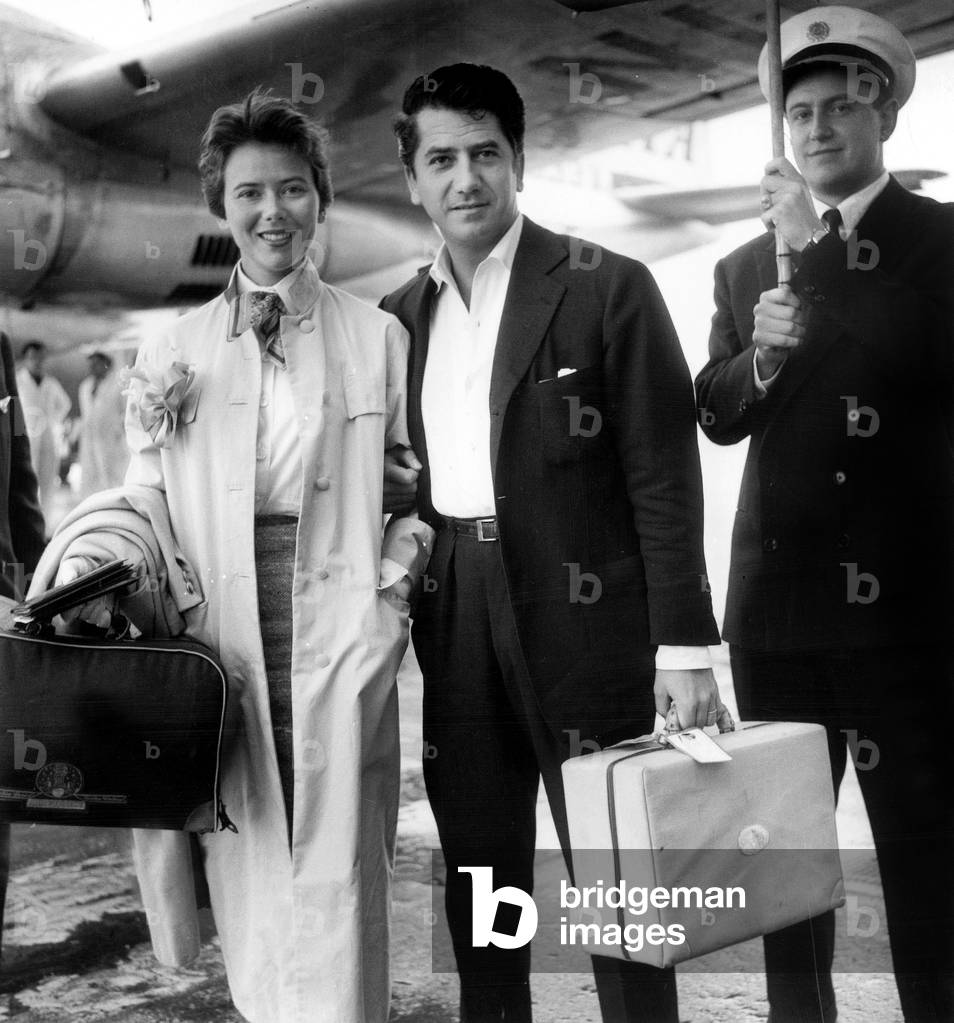 Daniel Gelin and his Wife Sylvie at Orly Airport Back From United States August 14, 1955 (b/w photo)
