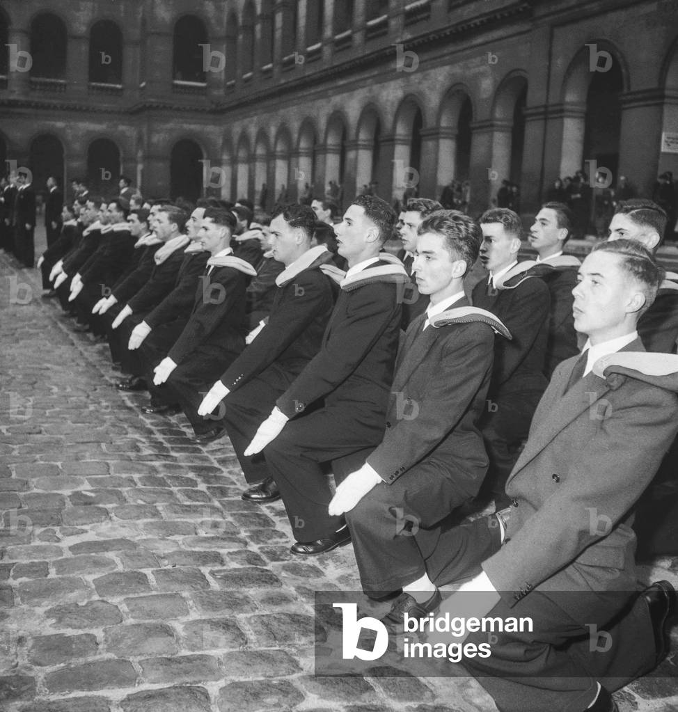 Baptism of the new students of Saint Cyr Coetquidan military school at the Invalides, Paris, December 2, 1951 (b/w photo)