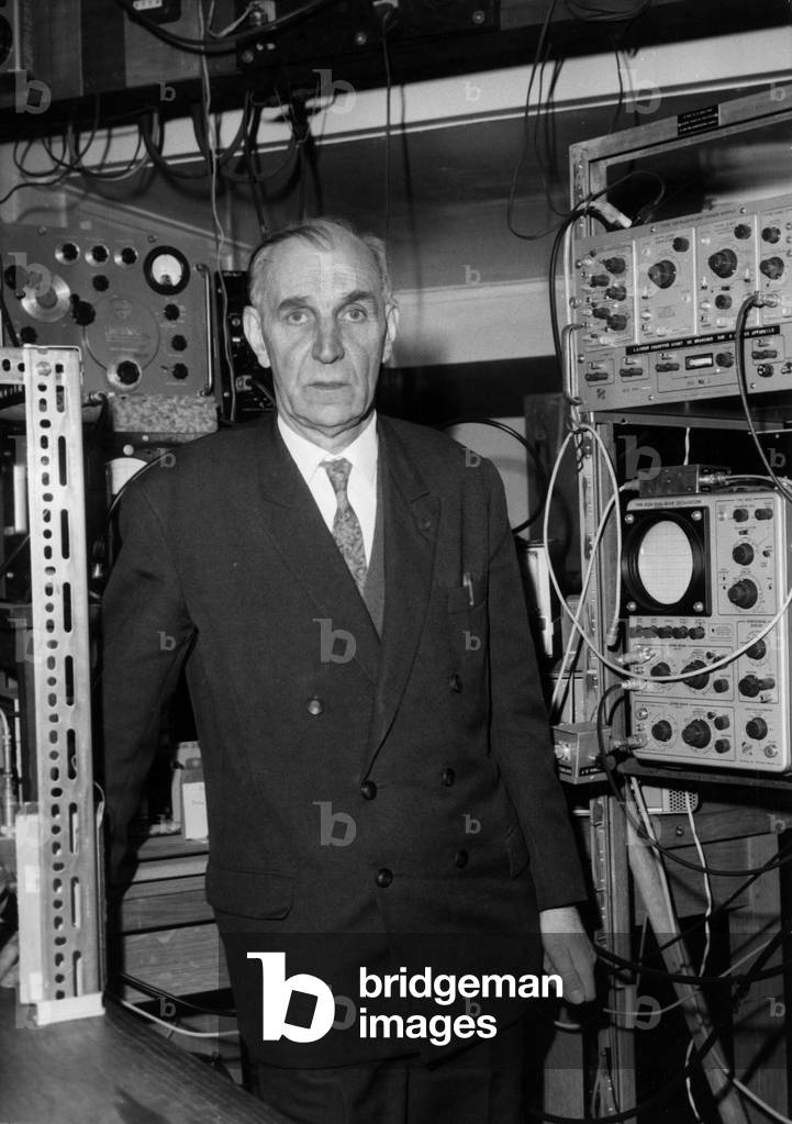 The French Professor Alfred Kastler, Nobel Prizewinner 1966, at his Laboratory  (b/w photo)