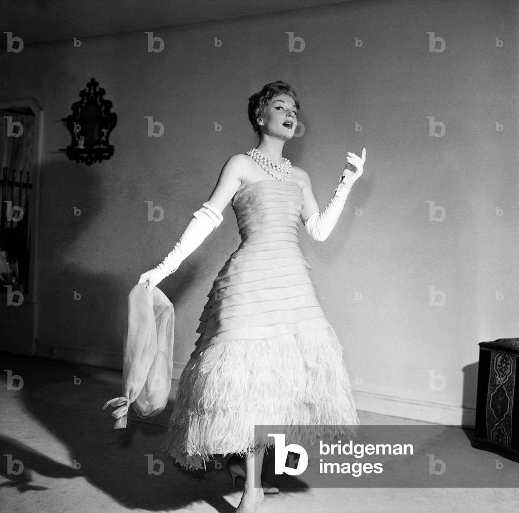 Presentation on February 1958 of Haute Couture By Claude Riviere For Spring Summer 1958, France : Evening Dress (b/w photo)