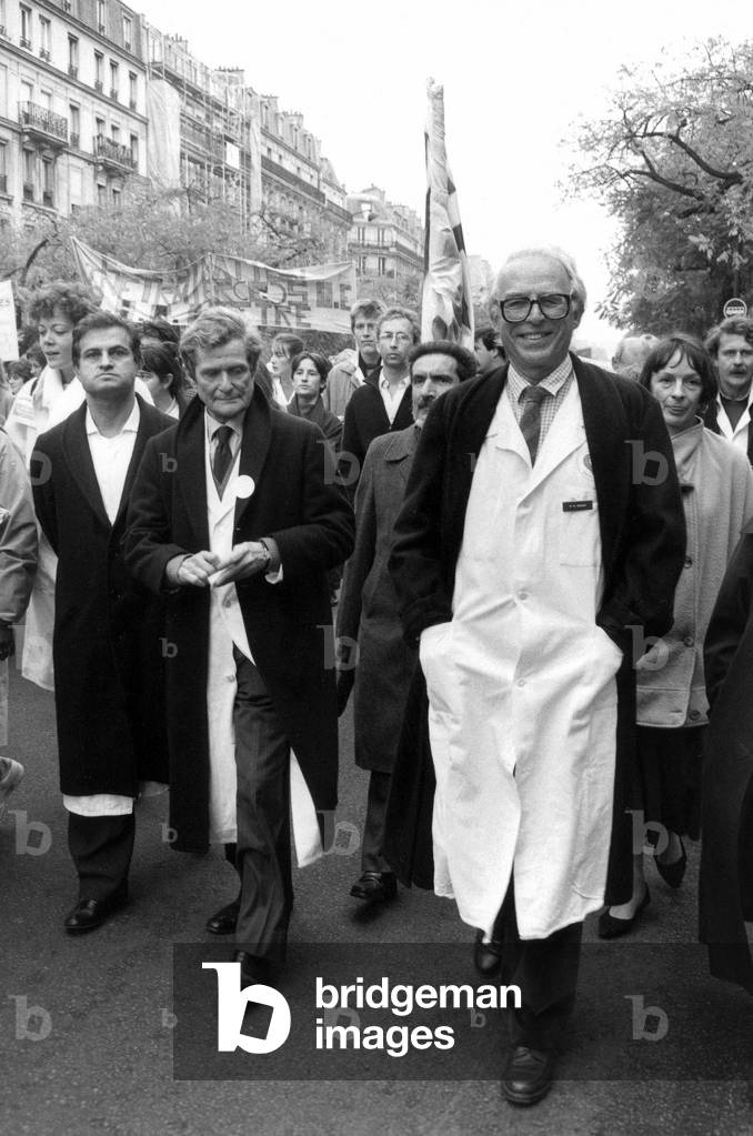 French Dr Schwartzenberg and Boiron during Demonstration For Social Security in France October 13, 1988 (b/w photo)