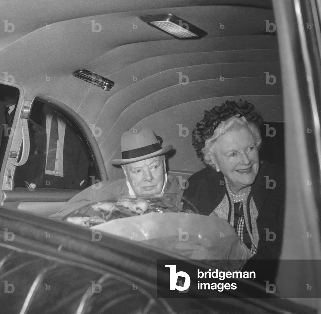 Sir Winston Chuchill and his wife Clementine in a car in Monte-Carlo, SEptember 29, 1960 (b/w photo)