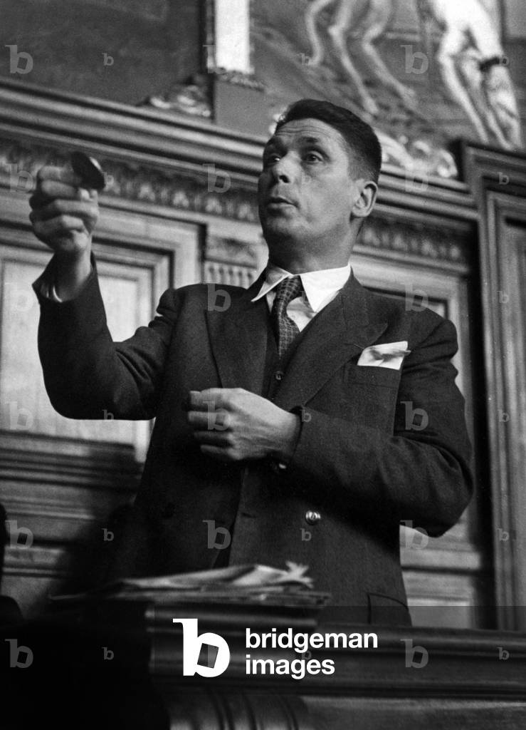 Jean Michel Renaitour at his Trial, Accused of Intelligence With The Enemy, May 5, 1947 (b/w photo)