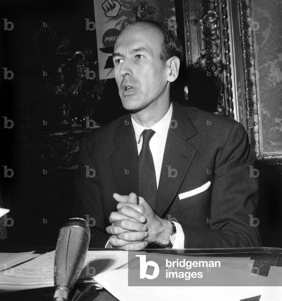 French Minister of Finances Valery Giscard D'Estaing during Press Conference About The Budget, Taxes and Stabilization Plan July 29, 1964 (b/w photo)