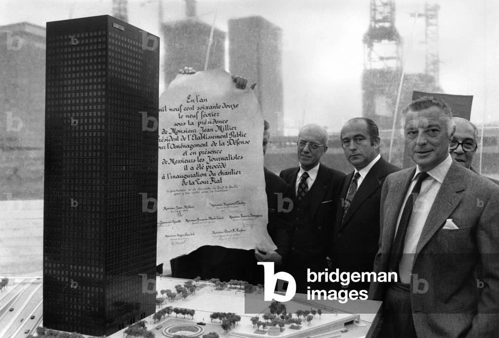 Francois Bloch - Laine, Francis Bouygues, Giovanni Agnelli in Front of The Scale Model of The Fiat Tower in La Defense, Paris February 09, 1972 (b/w photo)