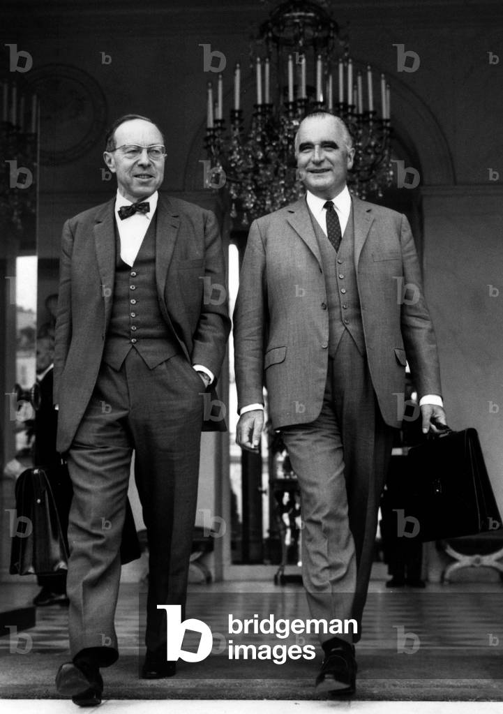 Jean Marcel Jeanneney , Councillor of Minister of Social Affairs, With French Prime Minister Georges Pompidou Leaving Elysee Palace After Ministers Council September 06, 1967 (b/w photo)
