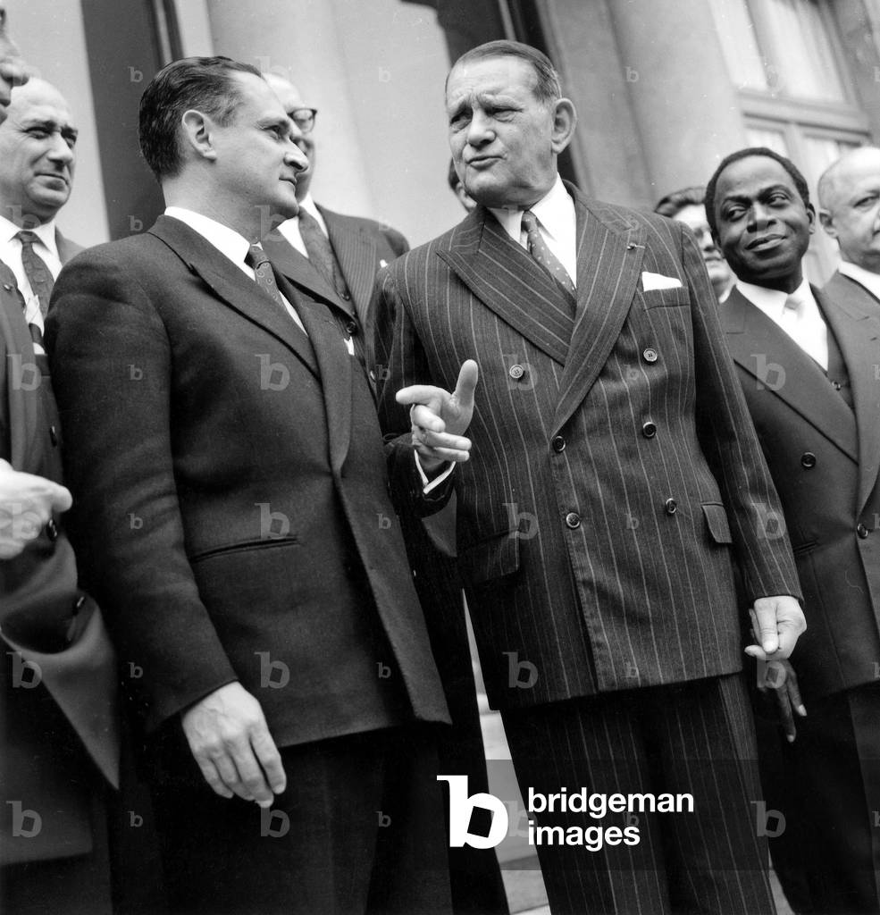 New French Prime Minister Bourges-Maunoury Presenting his Government With French President Coty and Houphouet-Boigny Minister Delegate For French Colonial Policy June 13, 1957 (b/w photo)