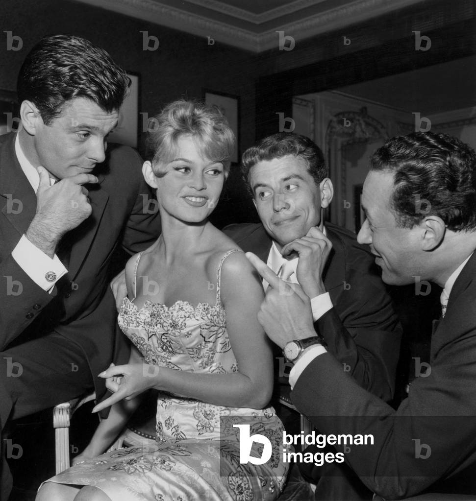 Brigitte Bardot, Louis Jourdan, Jean Francois Calve, 1956 (b/w photo)