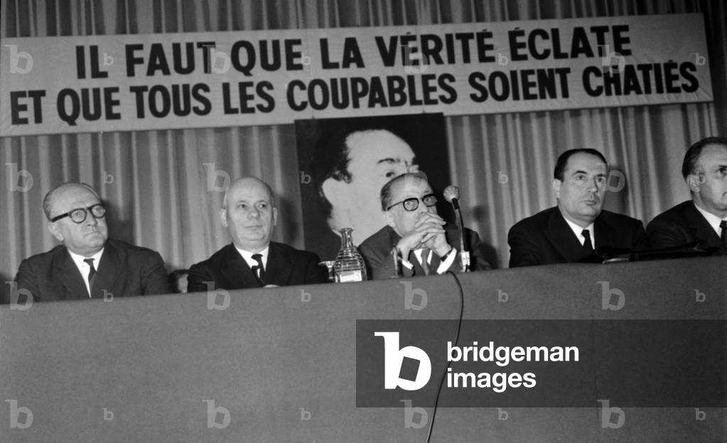 Guy Mollet, Waldeck Rochet, Daniel Mayer, Francois Mitterrand during Left-Wing Meeting in Paris About The Ben Barka Affair January 26, 1966 (b/w photo)