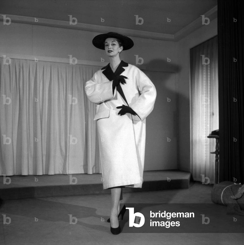 Lanvin Fashion, February 10, 1954 : Hat and Coat (b/w photo)