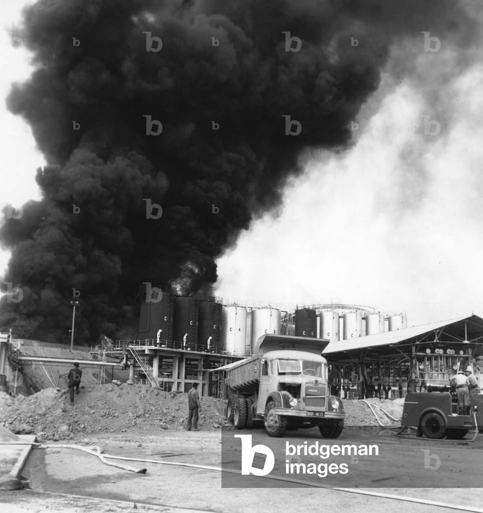 Petroleum Stock Near Marseille (France) Burned-Out By Members of National Liberation Front on August 27, 1958 during Algerian War (b/w photo)