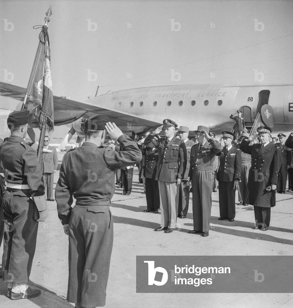 American General Omar Bradley arriving in Paris here with French General Alphonse Juin, October 8, 1951 (b/w photo)