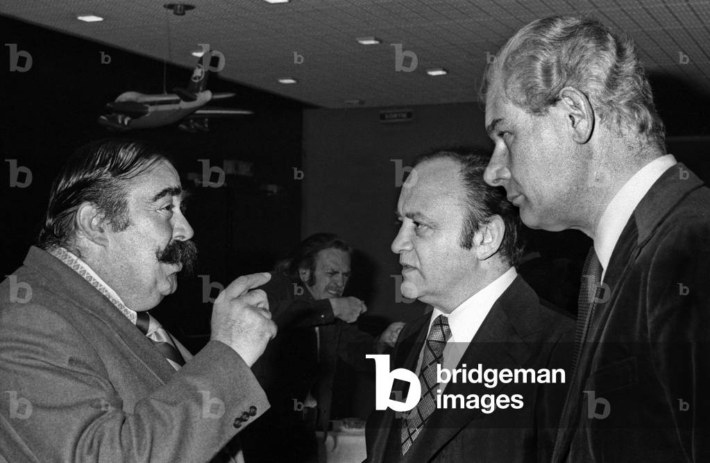 Paris, Reception Given By Air Canada For 25Th Anniversary of Montreal-Paris Link, April 12, 1976 : Moustache (Francois-Alexandre Galepides), Raymond Pellegrin, Jean Amadou (b/w photo)