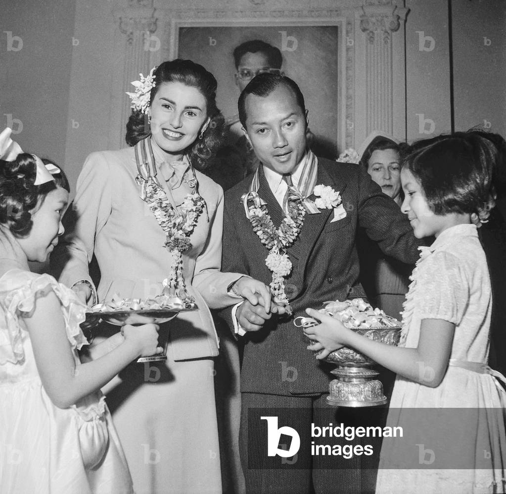 Wedding of Prince Bira of Siam with Chelita Howard, Paris, December 18, 1951 (b/w photo)
