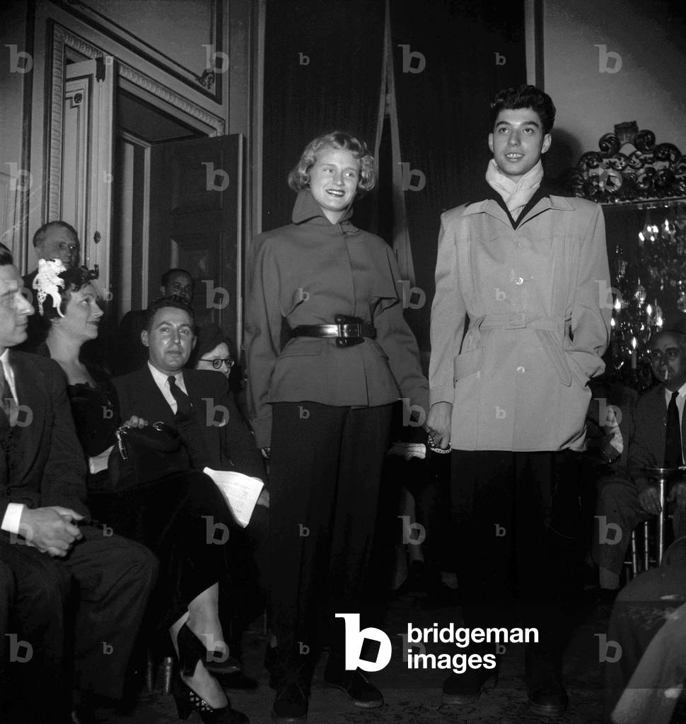 Presentation of male winter fashion, Paris, October 13, 1949 (b/w photo)