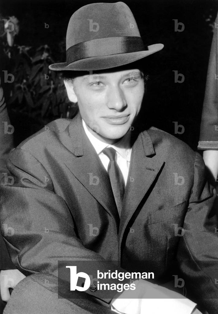 French Singer Johnny Hallyday at Cocktail Organised By Committee For The Influence of French Elegance September 27, 1961 (b/w photo)