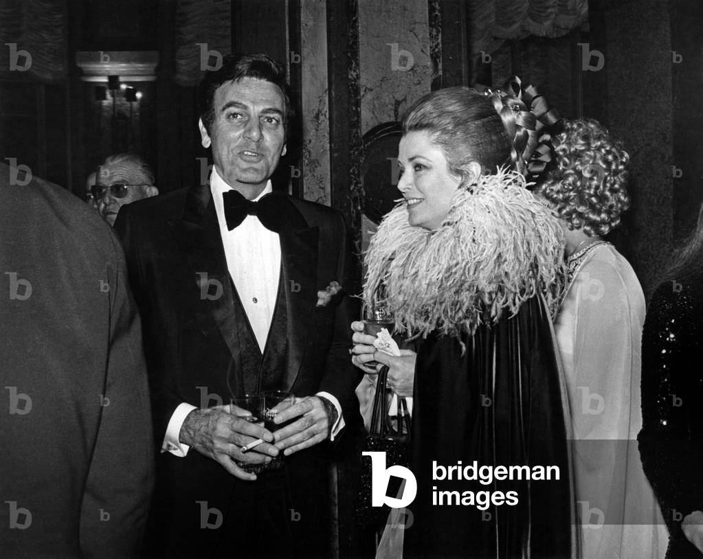 Mike Connors and Princess Grace of Monaco at Closing Gala of Monte Carlo Television Festival, February 22, 1971 (b/w photo)