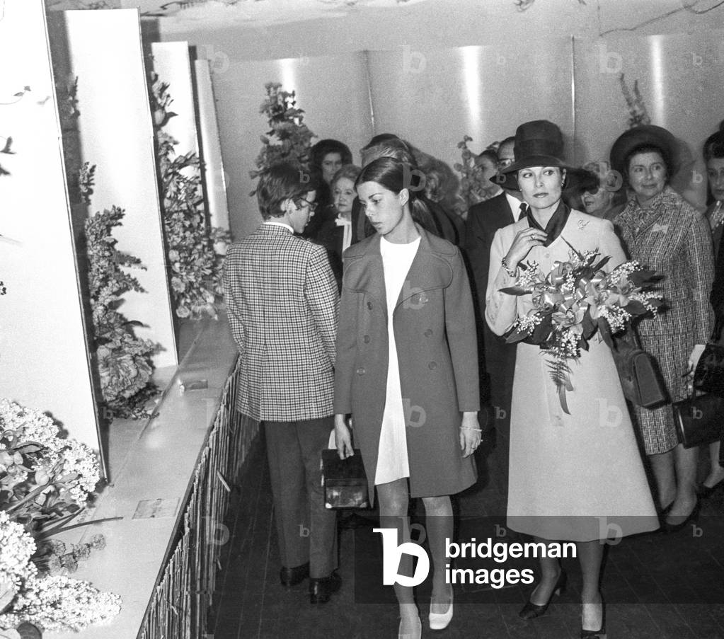 Princess Grace of Monaco and Princess Caroline of Monaco at contest of flowers in Monaco, May 3, 1971 (b/w photo)
