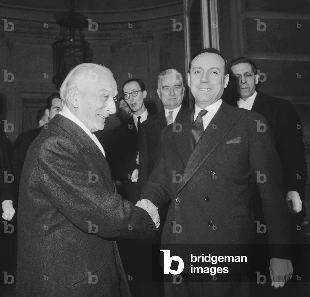 Antonio Segni, Italian prime minister, and Michel Debre, French Prime Minister, at Matignon, Paris, March 19, 1959 (b/w photo)