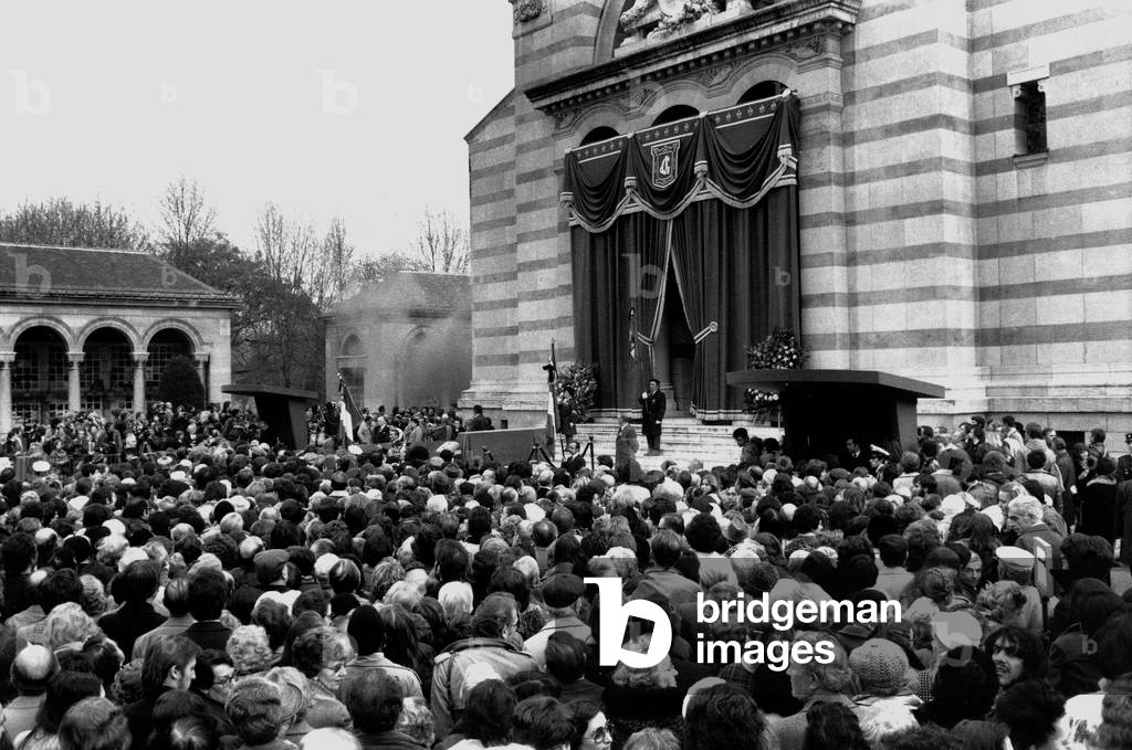 Tribute To Jean Gabin during his Funerals, here at The Pere Lachaise Cemetery in Paris, during The Cremation November 15, 1976 (b/w photo)