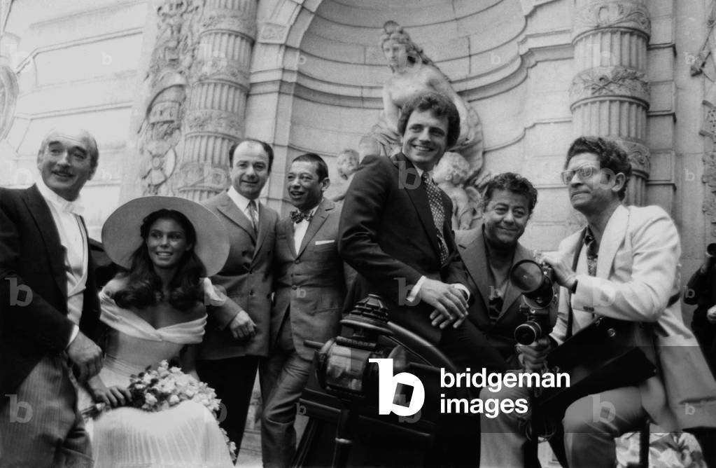 Eddie Barclay and Beatrice Chatelier After Their Wedding, With The Witnesses Fernand Raynaud, Henri Salvador, Jacques Martin Francis Blanche Et Darry Cowl, Paris, June 5, 1970 (b/w photo)