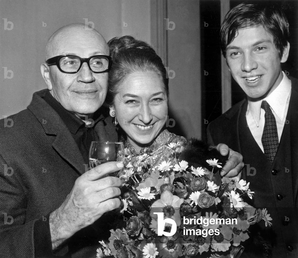 Dancer Nina Vyroubova Surrounded by Her Son Yura And Kniassef Choregrapher During A Reception For Her Farewell To The Scene And The Opening Of Her Dance School On November 19, 1966 (b/w photo)