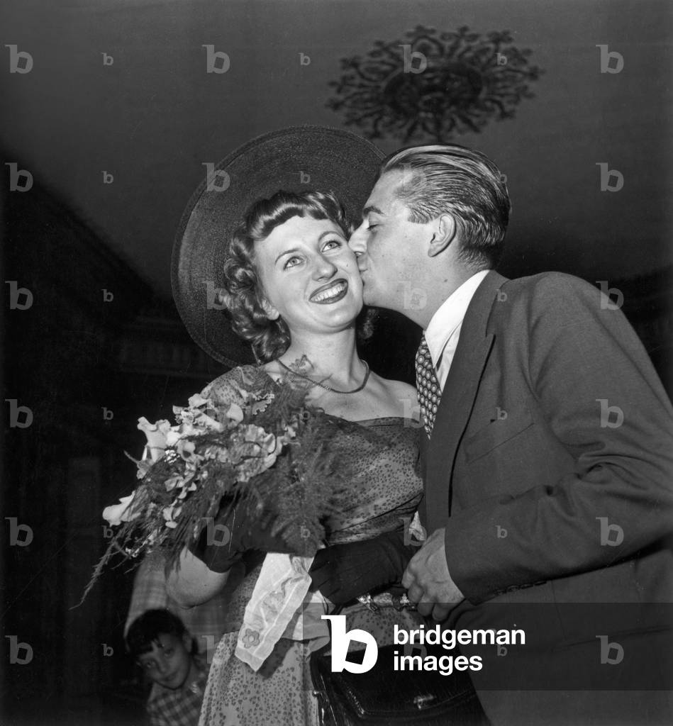 Wedding of Francois Perier and Marie Daems in Paris, July 29, 1949 (b/w photo)
