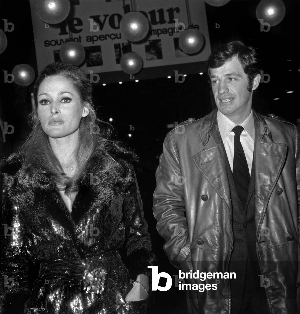 Jean-Paul Belmondo and Ursula Andress Arriveing at Premiere of Film The Thief February 21, 1967 in Paris (b/w photo)