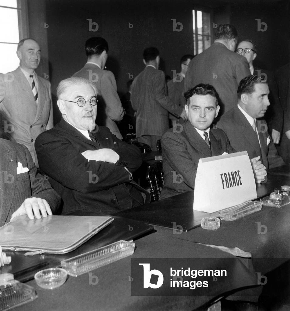 Paul Ramadier, French Prime Minister, and Tanguy Prigent, French Minister of Population and Supplies, during International Cereal Conference July 9, 1947 (b/w photo)