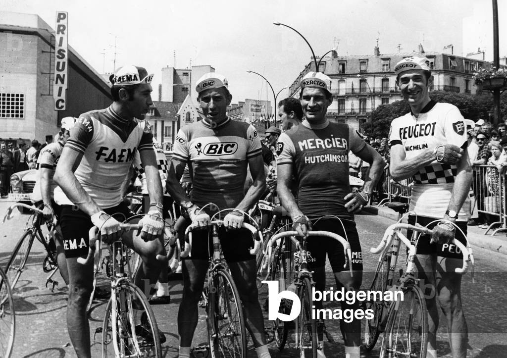 Eddy Merckx, Jacques Anquetil, Raymond Poulidor and Roger Pingeon at Departure of Cycling Race Paris-Luxemburg, August 5, 1969 (b/w photo)