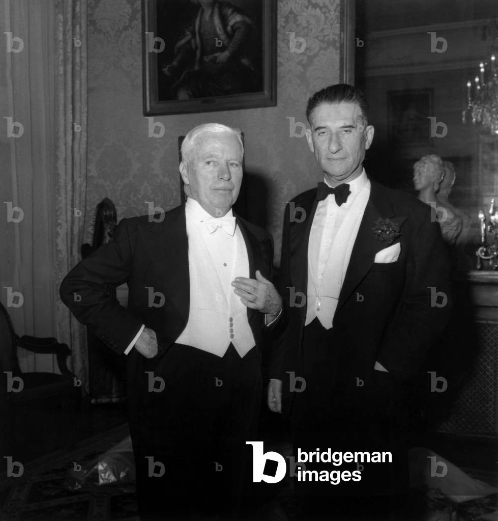 Charlie Chaplin and Paul-Louis Weiller, French Aviator, on December 12, 1959 (b/w photo)
