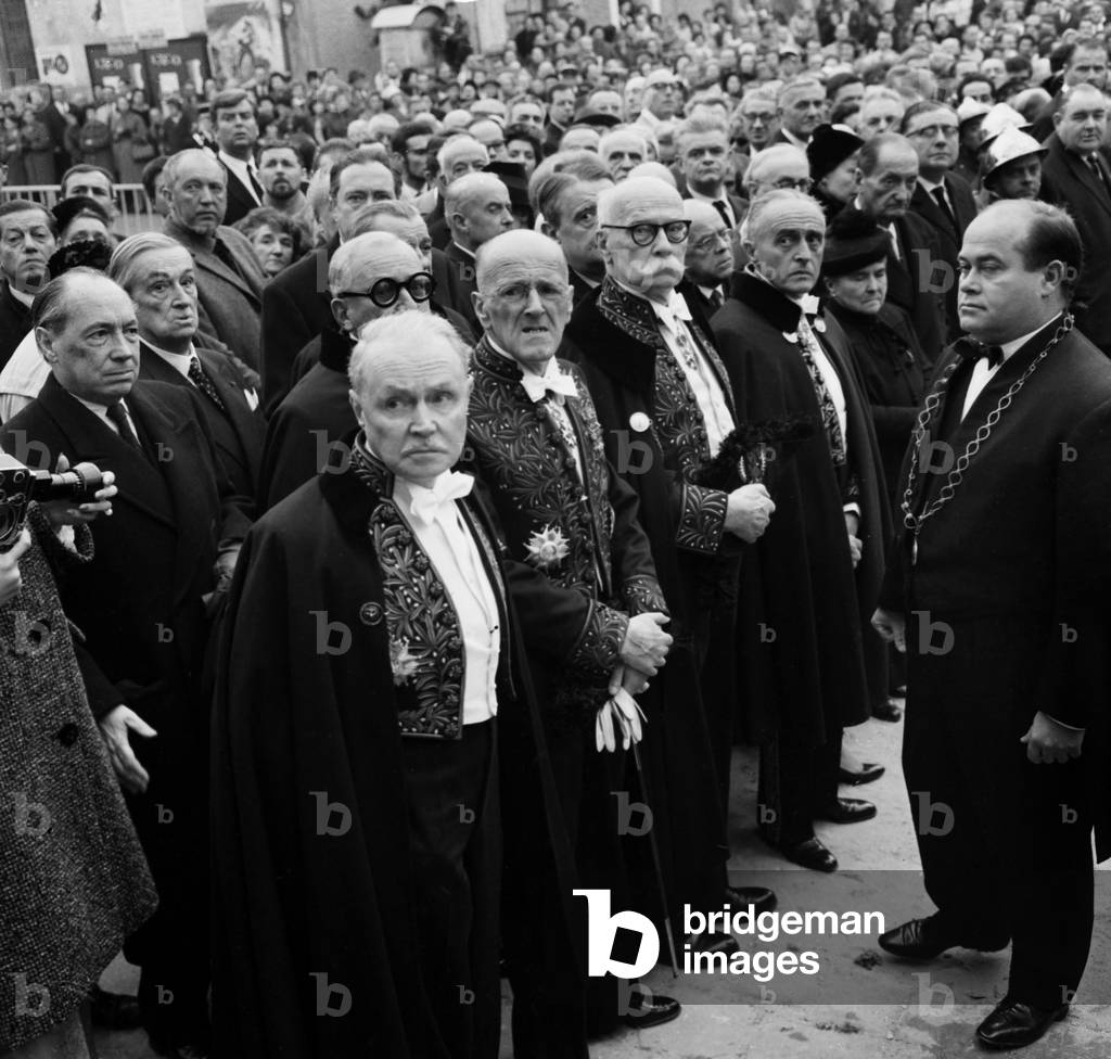 Funerals of Jean Cocteau in Milly La Foret October 16, 1963 : French Writers Maurice Genevoix, Marcel Achard (Hidden By Genevoix), Andre Chamson, Marc Boegner,Director Rene Clair, on L, Background : Serge Lifar (b/w photo)