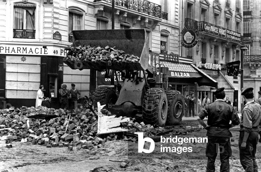 In Paris A Machine Picking Up Cobblestone After Vilent Riot May 1968 (b/w photo)